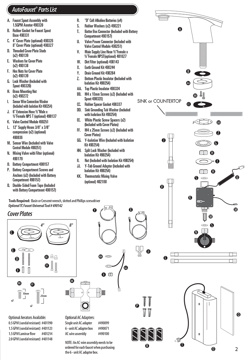 Technical Concepts TC AutoFaucet SST Parts List for Capri Automatic Faucets