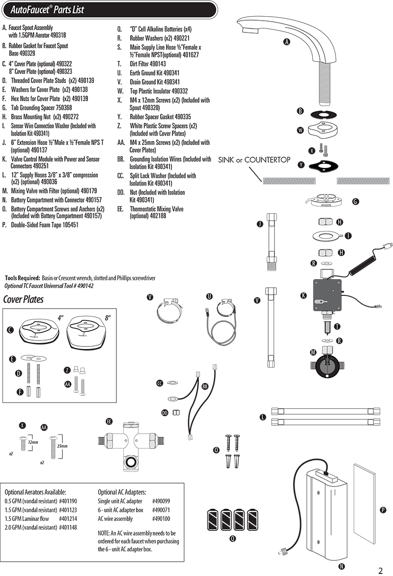 Technical Concepts TC AutoFaucet SST Parts List for Sienna Automatic Faucets