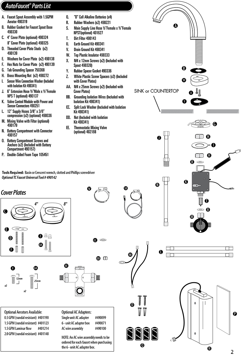 Technical Concepts TC AutoFaucet SST Parts List for Verona Automatic Faucets